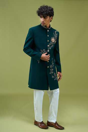 Shop_Arihant Rai Sinha_Teal Silk Embroidered Achkan And Pant Set 