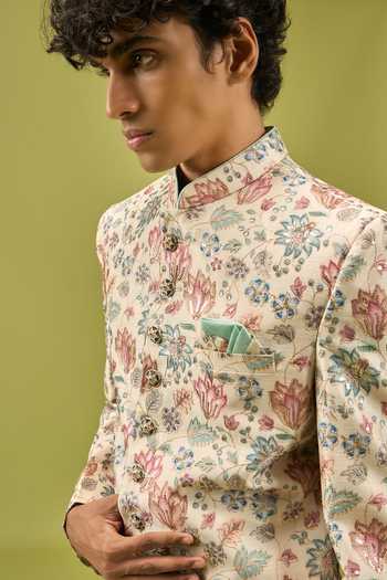 Shop_Arihant Rai Sinha_Multi Color Silk, Dupion Sherwani Jacket And Pant Set 