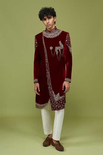 Shop Arihant Rai Sinha Maroon Velvet, Dupion Embroidered Sherwani And Pant Set Online at Aza Fashions Shop_Arihant Rai Sinha_Maroon Velvet, Dupion Embroidered Sherwani And Pant Set _Online_at_Aza_Fashions