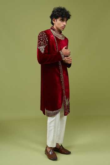 Arihant Rai Sinha Maroon Velvet, Dupion Embroidered Sherwani And Pant Set at Aza Fashions Arihant Rai Sinha_Maroon Velvet, Dupion Embroidered Sherwani And Pant Set _at_Aza_Fashions