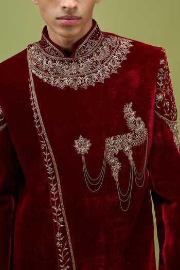 Buy Arihant Rai Sinha Maroon Velvet, Dupion Embroidered Sherwani And Pant Set Buy_Arihant Rai Sinha_Maroon Velvet, Dupion Embroidered Sherwani And Pant Set