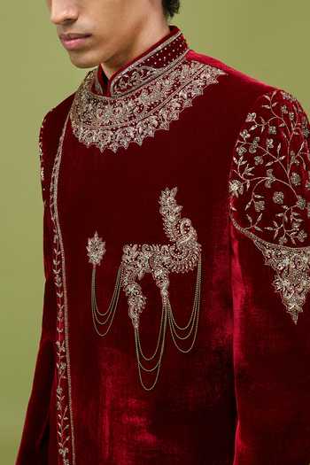Shop Arihant Rai Sinha Maroon Velvet, Dupion Embroidered Sherwani And Pant Set Shop_Arihant Rai Sinha_Maroon Velvet, Dupion Embroidered Sherwani And Pant Set