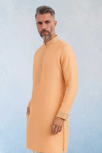 Bubber Couture Peach Silk, Cotton Zelio Nova Threadwork Kurta Set Online at Aza Fashions Bubber Couture_Peach Silk, Cotton Zelio Nova Threadwork Kurta Set _Online_at_Aza_Fashions