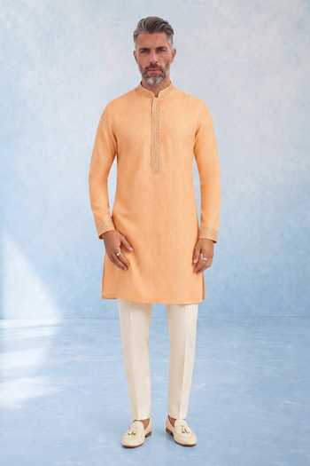 Shop Bubber Couture Peach Silk, Cotton Zelio Nova Threadwork Kurta Set Online at Aza Fashions Shop_Bubber Couture_Peach Silk, Cotton Zelio Nova Threadwork Kurta Set _Online_at_Aza_Fashions