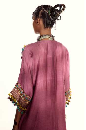 Shop Zariya The Label Wine Chanderi V-neck Embroidered Kurta And Pant Set Online at Aza Fashions Shop_Zariya The Label_Wine Chanderi V-neck Embroidered Kurta And Pant Set _Online_at_Aza_Fashions