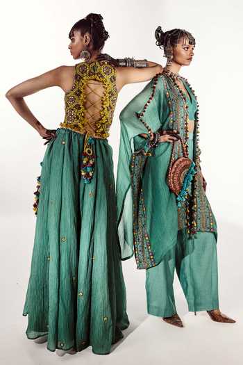 Zariya The Label Green Chanderi V-neck Hand Embroidered Cape Pant Set Online at Aza Fashions Zariya The Label_Green Chanderi V-neck Hand Embroidered Cape Pant Set _Online_at_Aza_Fashions