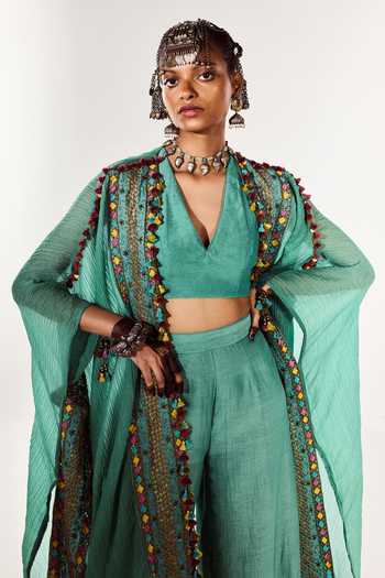 Shop Zariya The Label Green Chanderi V-neck Hand Embroidered Cape Pant Set Shop_Zariya The Label_Green Chanderi V-neck Hand Embroidered Cape Pant Set