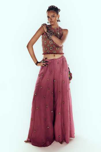 Zariya The Label Wine Chanderi High Neck Embroidered Blouse And Skirt Set Online at Aza Fashions Zariya The Label_Wine Chanderi High Neck Embroidered Blouse And Skirt Set _Online_at_Aza_Fashions