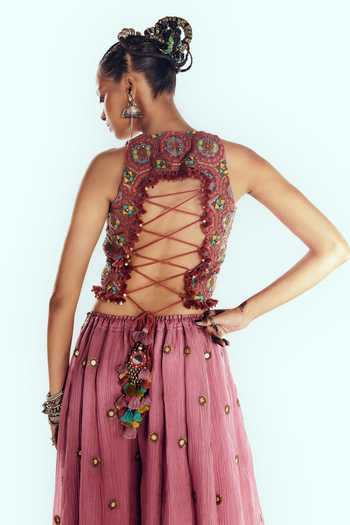 Shop Zariya The Label Wine Chanderi High Neck Embroidered Blouse And Skirt Set Online at Aza Fashions Shop_Zariya The Label_Wine Chanderi High Neck Embroidered Blouse And Skirt Set _Online_at_Aza_Fashions