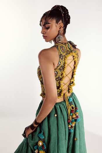 Buy Zariya The Label Yellow Chanderi High Neck Embellished Blouse And Divided Skirt Set Online at Aza Fashions Buy_Zariya The Label_Yellow Chanderi High Neck Embellished Blouse And Divided Skirt Set _Online_at_Aza_Fashions