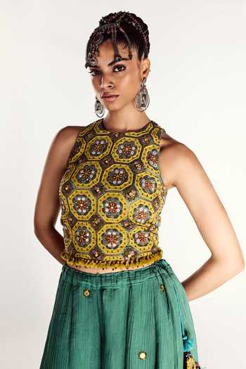 Zariya The Label Yellow Chanderi High Neck Embellished Blouse And Divided Skirt Set at Aza Fashions Zariya The Label_Yellow Chanderi High Neck Embellished Blouse And Divided Skirt Set _at_Aza_Fashions
