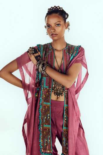 Buy Zariya The Label Wine Chanderi V-neck Embroidered Cape Pant Set Online at Aza Fashions Buy_Zariya The Label_Wine Chanderi V-neck Embroidered Cape Pant Set _Online_at_Aza_Fashions