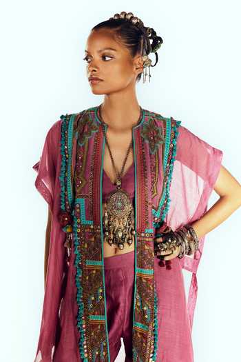 Shop Zariya The Label Wine Chanderi V-neck Embroidered Cape Pant Set Online at Aza Fashions Shop_Zariya The Label_Wine Chanderi V-neck Embroidered Cape Pant Set _Online_at_Aza_Fashions