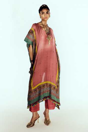 Zariya The Label Border Embroidered Kaftan & Pant Set 