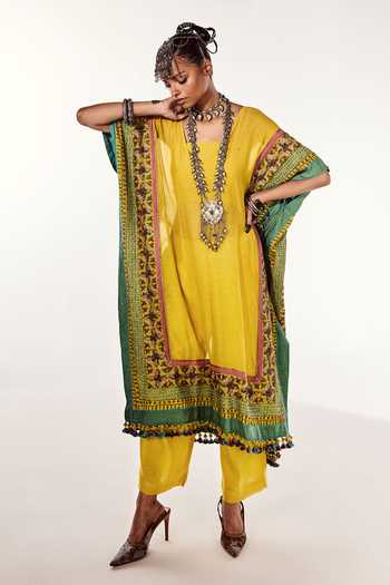 Buy Zariya The Label Yellow Chanderi V-neck Embroidered Kaftan And Pant Set Online at Aza Fashions Buy_Zariya The Label_Yellow Chanderi V-neck Embroidered Kaftan And Pant Set _Online_at_Aza_Fashions