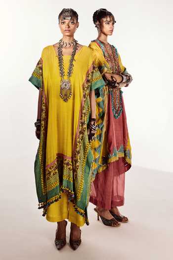 Shop Zariya The Label Yellow Chanderi V-neck Embroidered Kaftan And Pant Set Online at Aza Fashions Shop_Zariya The Label_Yellow Chanderi V-neck Embroidered Kaftan And Pant Set _Online_at_Aza_Fashions