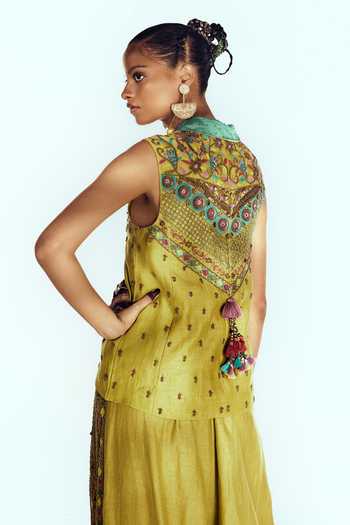 Zariya The Label Green Chanderi V-, Collared Embroidered Jacket And Palazzo Set Online at Aza Fashions Zariya The Label_Green Chanderi V-, Collared Embroidered Jacket And Palazzo Set _Online_at_Aza_Fashions
