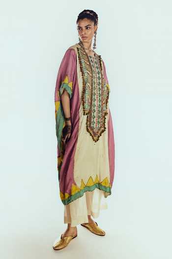 Zariya The Label Ivory Chanderi Round Neck Yoke Embroidered Kaftan And Pant Set Online at Aza Fashions Zariya The Label_Ivory Chanderi Round Neck Yoke Embroidered Kaftan And Pant Set _Online_at_Aza_Fashions