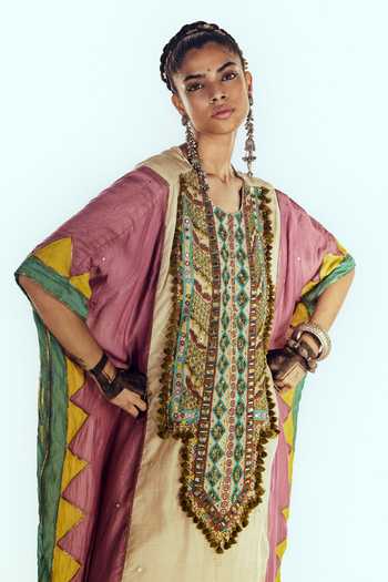 Shop Zariya The Label Ivory Chanderi Round Neck Yoke Embroidered Kaftan And Pant Set Online at Aza Fashions Shop_Zariya The Label_Ivory Chanderi Round Neck Yoke Embroidered Kaftan And Pant Set _Online_at_Aza_Fashions
