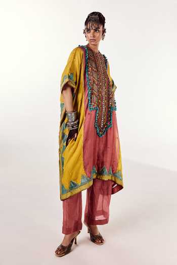 Zariya The Label Coral Chanderi Round Neck Yoke Embroidered Kaftan And Pant Set Online at Aza Fashions Zariya The Label_Coral Chanderi Round Neck Yoke Embroidered Kaftan And Pant Set _Online_at_Aza_Fashions