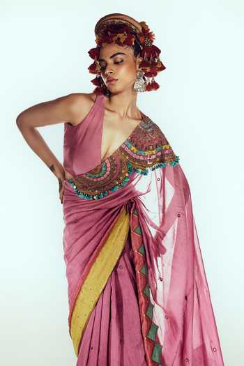 Buy Zariya The Label Wine Chanderi Plunge Neck Border Embellished Saree With Blouse Online at Aza Fashions Buy_Zariya The Label_Wine Chanderi Plunge Neck Border Embellished Saree With Blouse _Online_at_Aza_Fashions