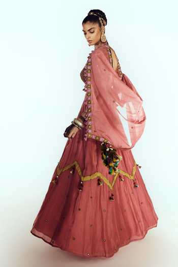 Zariya The Label Coral Chanderi Round Neck Embellished Lehenga Set Online at Aza Fashions Zariya The Label_Coral Chanderi Round Neck Embellished Lehenga Set _Online_at_Aza_Fashions