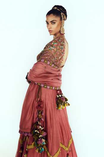 Buy Zariya The Label Coral Chanderi Round Neck Embellished Lehenga Set Online at Aza Fashions Buy_Zariya The Label_Coral Chanderi Round Neck Embellished Lehenga Set _Online_at_Aza_Fashions