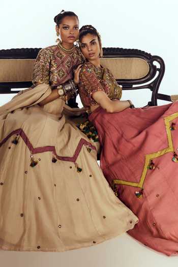 Shop Zariya The Label Coral Chanderi Round Neck Embellished Lehenga Set Online at Aza Fashions Shop_Zariya The Label_Coral Chanderi Round Neck Embellished Lehenga Set _Online_at_Aza_Fashions