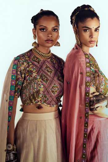 Buy Zariya The Label Coral Chanderi Round Neck Embellished Lehenga Set Buy_Zariya The Label_Coral Chanderi Round Neck Embellished Lehenga Set