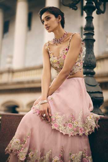 Anushree Reddy Pink Organza Sweetheart Neck Umang Embroidered Blouse And Skirt Set Online at Aza Fashions Anushree Reddy_Pink Organza Sweetheart Neck Umang Embroidered Blouse And Skirt Set _Online_at_Aza_Fashions
