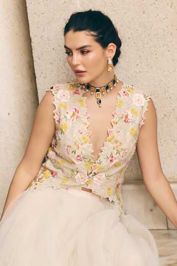 Buy_Anushree Reddy_Ivory Silk, Net V-neck Embroidered Jacket And Skirt Set _Online_at_Aza_Fashions