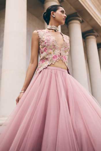 Buy Anushree Reddy Pink Silk, Net Plunge Neck Umang Embroidered Jacket And Skirt Set Online at Aza Fashions Buy_Anushree Reddy_Pink Silk, Net Plunge Neck Umang Embroidered Jacket And Skirt Set _Online_at_Aza_Fashions
