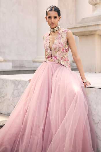 Shop Anushree Reddy Pink Silk, Net Plunge Neck Umang Embroidered Jacket And Skirt Set Online at Aza Fashions Shop_Anushree Reddy_Pink Silk, Net Plunge Neck Umang Embroidered Jacket And Skirt Set _Online_at_Aza_Fashions