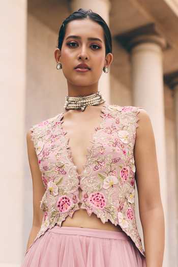 Anushree Reddy Pink Silk, Net Plunge Neck Umang Embroidered Jacket And Skirt Set at Aza Fashions Anushree Reddy_Pink Silk, Net Plunge Neck Umang Embroidered Jacket And Skirt Set _at_Aza_Fashions