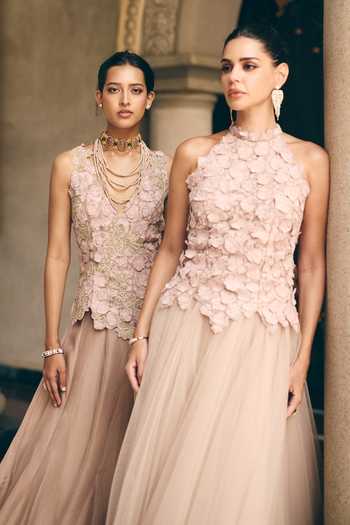 Shop Anushree Reddy Brown Organza Halter Neck Embroidered Top And Skirt Set Online at Aza Fashions Shop_Anushree Reddy_Brown Organza Halter Neck Embroidered Top And Skirt Set _Online_at_Aza_Fashions