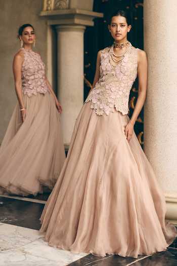 Anushree Reddy Brown Organza Halter Neck Embroidered Top And Skirt Set at Aza Fashions Anushree Reddy_Brown Organza Halter Neck Embroidered Top And Skirt Set _at_Aza_Fashions