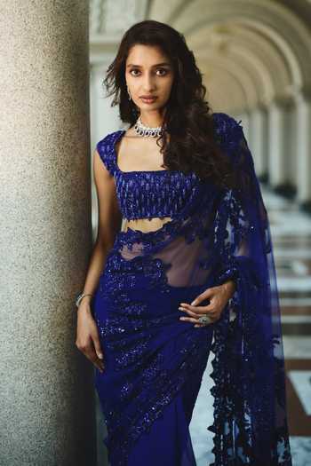 Anushree Reddy_Blue Organza, Net, Chiffon Square Athena Ruffle Saree With Embroidered Blouse _Online_at_Aza_Fashions