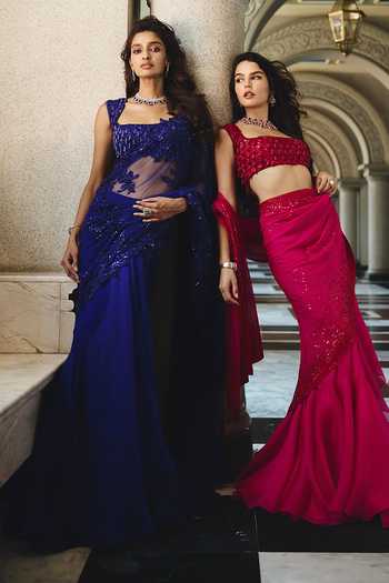 Buy_Anushree Reddy_Blue Organza, Net, Chiffon Square Athena Ruffle Saree With Embroidered Blouse _Online_at_Aza_Fashions