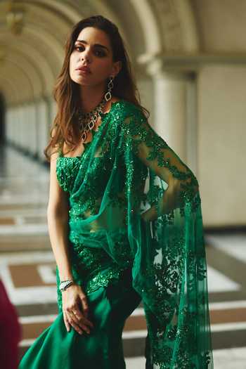 Anushree Reddy_Emerald Green Organza, Net, Chiffon Athena Ruffle Saree With Embroidered Blouse _Online_at_Aza_Fashions