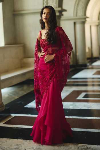 Anushree Reddy Red Organza, Net, Chiffon Square Neck Ruffle Embroidered Saree With Blouse Online at Aza Fashions Anushree Reddy_Red Organza, Net, Chiffon Square Neck Ruffle Embroidered Saree With Blouse _Online_at_Aza_Fashions