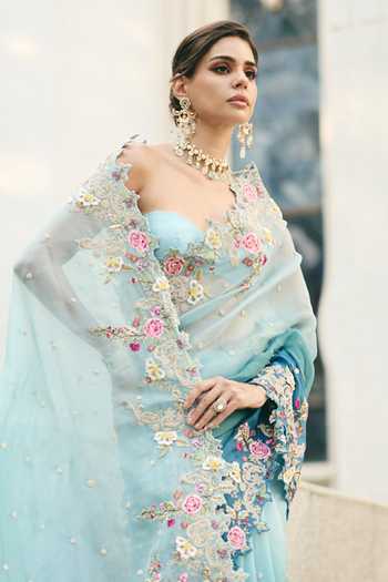 Anushree Reddy Sky Blue Organza, Silk, Dupion Umang Ombre Saree With Unstitched Blouse Piece Online at Aza Fashions Anushree Reddy_Sky Blue Organza, Silk, Dupion Umang Ombre Saree With Unstitched Blouse Piece _Online_at_Aza_Fashions