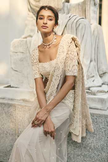 Anushree Reddy Carmine Embroidered Saree With Unstitched Blouse Piece 
