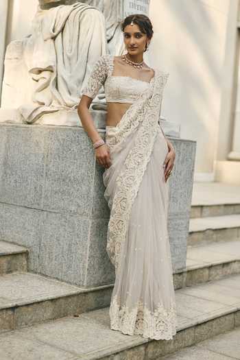 Anushree Reddy Carmine Embroidered Saree With Unstitched Blouse Piece 