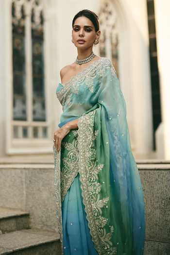 Anushree Reddy_Blue Organza Ombre Embroidered Saree With Unstitched Blouse Piece _Online_at_Aza_Fashions
