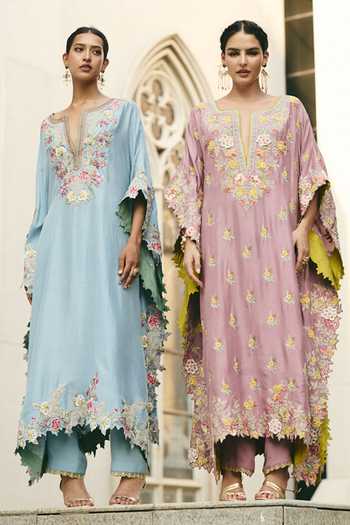 Anushree Reddy Sky Blue Silk, Dupion, Cotton Split V-neck Umang Embroidered Kaftan And Pant Set Online at Aza Fashions Anushree Reddy_Sky Blue Silk, Dupion, Cotton Split V-neck Umang Embroidered Kaftan And Pant Set _Online_at_Aza_Fashions