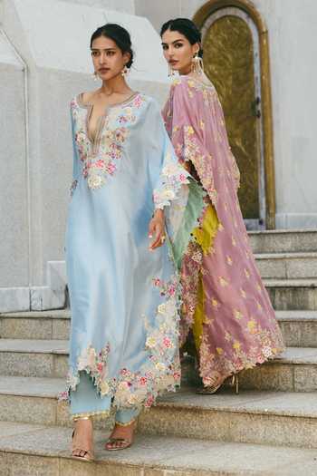 Buy Anushree Reddy Sky Blue Silk, Dupion, Cotton Split V-neck Umang Embroidered Kaftan And Pant Set Online at Aza Fashions Buy_Anushree Reddy_Sky Blue Silk, Dupion, Cotton Split V-neck Umang Embroidered Kaftan And Pant Set _Online_at_Aza_Fashions