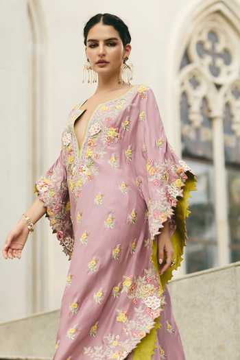 Anushree Reddy Pink Silk, Dupion, Cotton Plunge Neck Embroidered Kaftan And Pant Set Online at Aza Fashions Anushree Reddy_Pink Silk, Dupion, Cotton Plunge Neck Embroidered Kaftan And Pant Set _Online_at_Aza_Fashions
