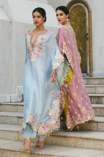 Buy Anushree Reddy Pink Silk, Dupion, Cotton Plunge Neck Embroidered Kaftan And Pant Set Online at Aza Fashions Buy_Anushree Reddy_Pink Silk, Dupion, Cotton Plunge Neck Embroidered Kaftan And Pant Set _Online_at_Aza_Fashions