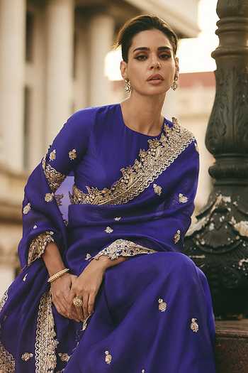 Anushree Reddy Blue Organza Round Neck Sharmaine Embroidered Saree With Unstitched Blouse Piece Online at Aza Fashions Anushree Reddy_Blue Organza Round Neck Sharmaine Embroidered Saree With Unstitched Blouse Piece _Online_at_Aza_Fashions