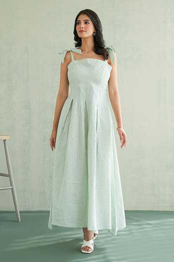 Shop Masoomm Green Cotton Square Neck Mint Galeto Woven Dress Online at Aza Fashions Shop_Masoomm_Green Cotton Square Neck Mint Galeto Woven Dress _Online_at_Aza_Fashions